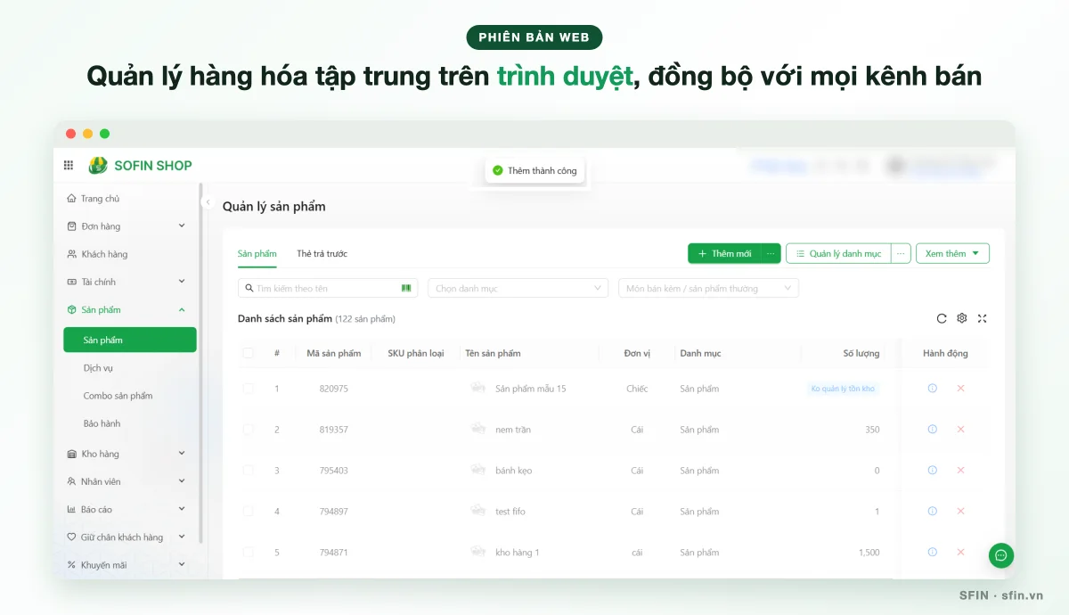 Giao diện web SOFIN SHOP: quản lý hàng hóa tập trung trên trình duyệt, đồng bộ với mọi kênh bán