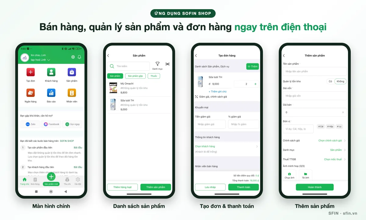 Ứng dụng SOFIN SHOP trên điện thoại: màn hình chính, danh sách sản phẩm, tạo đơn và thanh toán, thêm sản phẩm
