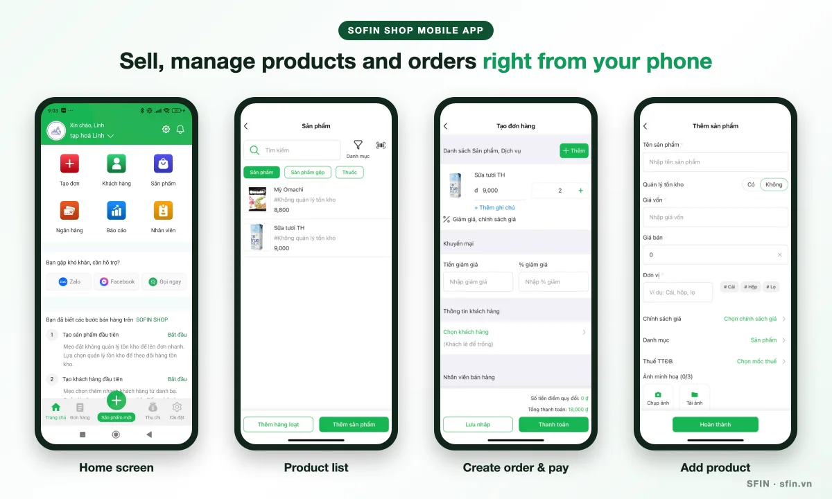 SOFIN SHOP mobile app: home screen, product list, order creation and payment, adding products