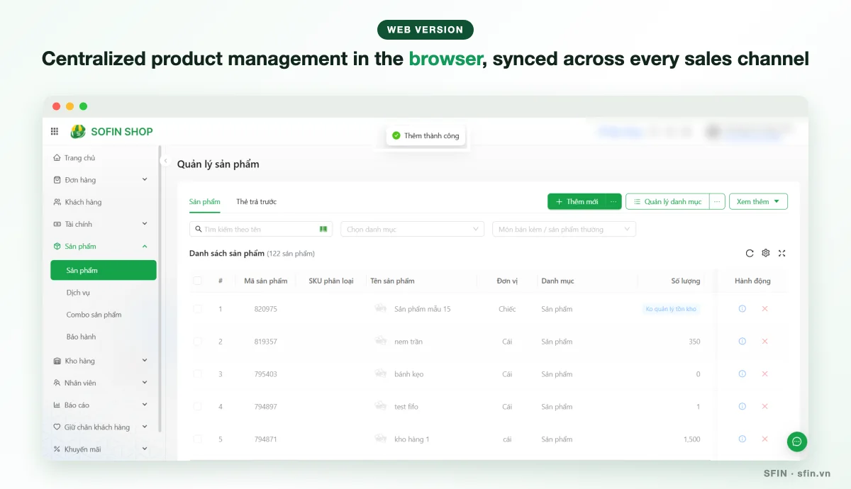 SOFIN SHOP web interface: centralized product management in the browser, synced across every sales channel